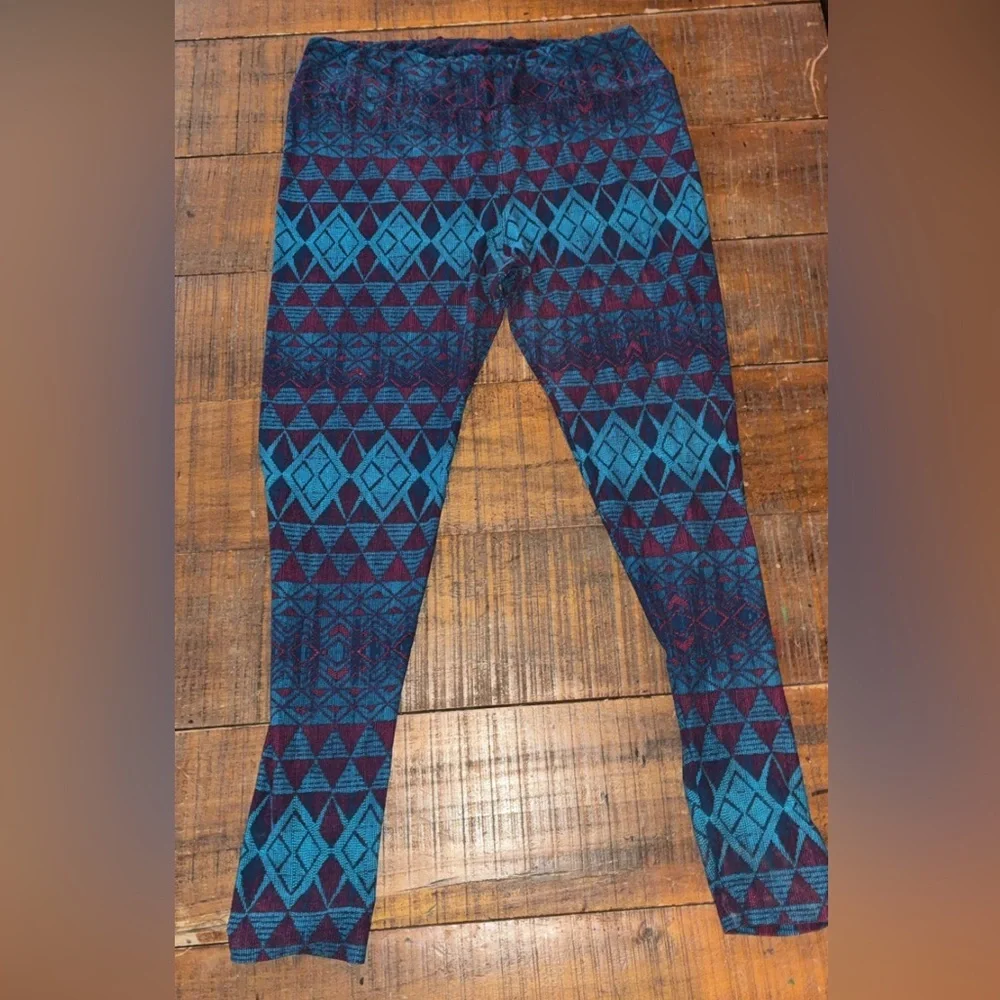 LuLaRoe Teal & Burgundy Geometric Leggings | Tall & Curvy | Soft Stretch